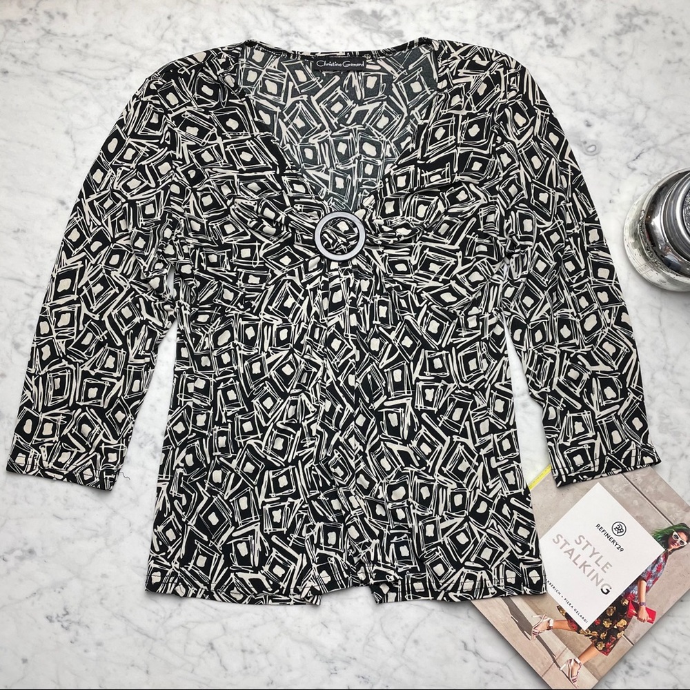 Christine Gerard 3/4 Sleeve Printed V-Neck Blouse
